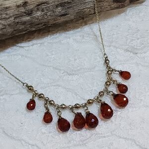 Vintage Signed RMN Faux Amber Acrylic Faceted Teardrop Beads on Goldtone Chain